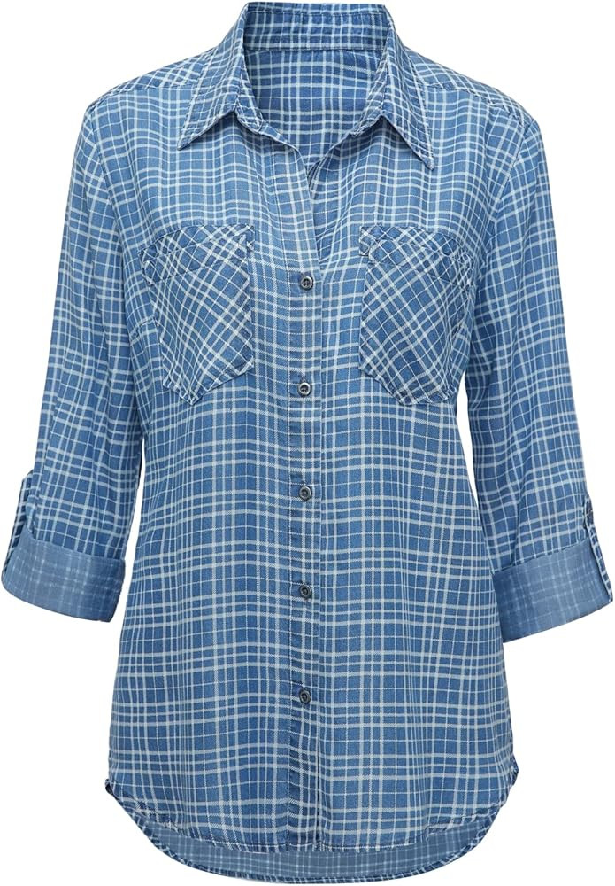 Women's Rolled 7 Sleeve Loose Sleeve Daily Denim Shirt top | Amazon (US)