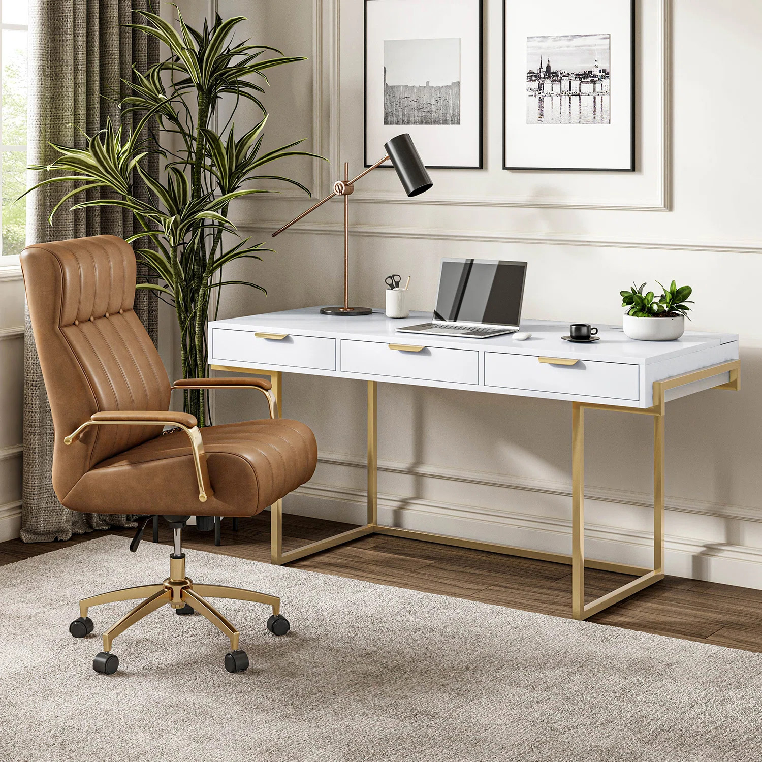 Leipzig Modern 2-Piece Desk Office Chair Set with Leather Tufted Executive Chair and Built-in Cab... | Wayfair North America