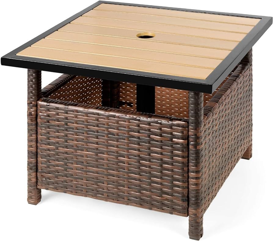 Best Choice Products Wicker Side Table with Umbrella Hole, Square PE Rattan Outdoor End Table for Patio, Garden, Poolside, Deck w/UV-Resistant Frame, Storage Space - Brown | Amazon (US)