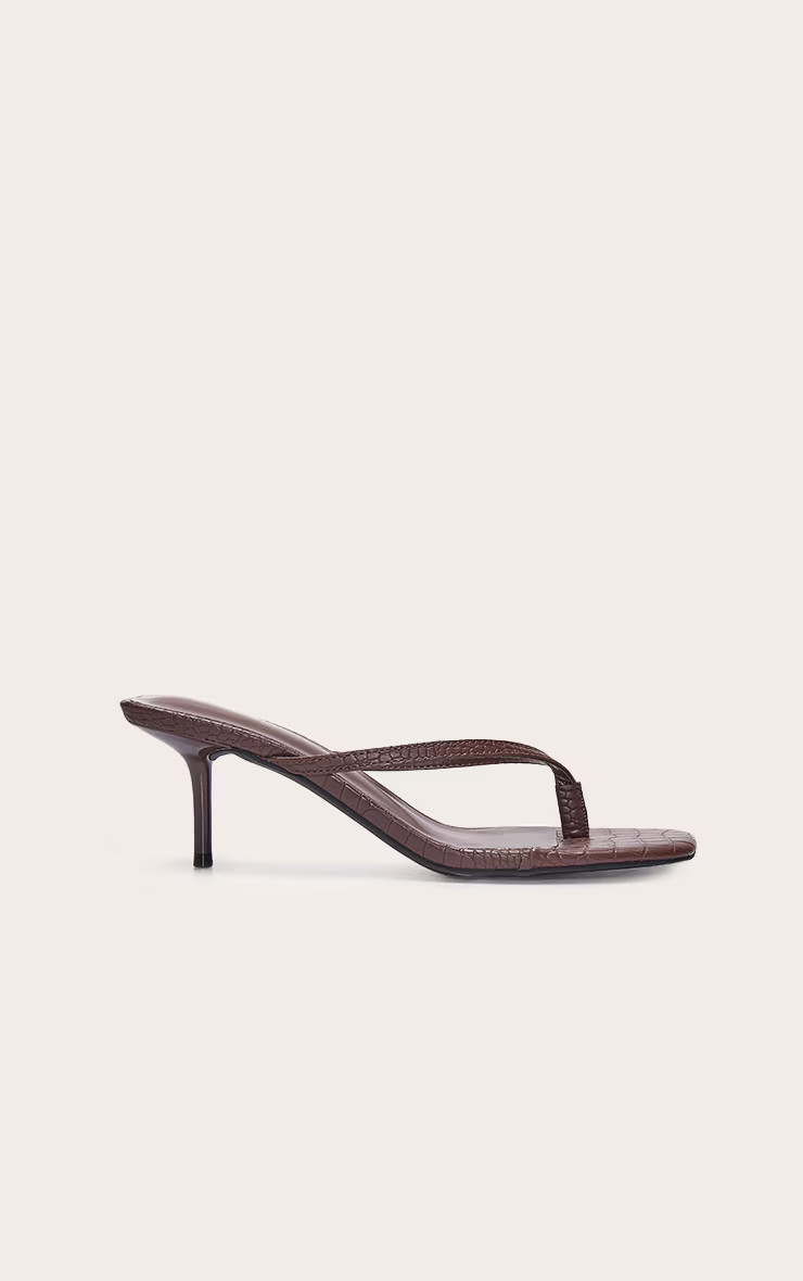 Brown Croc Thong Mid Stiletto Heeled Mules | Footwear | PrettyLittleThing UK