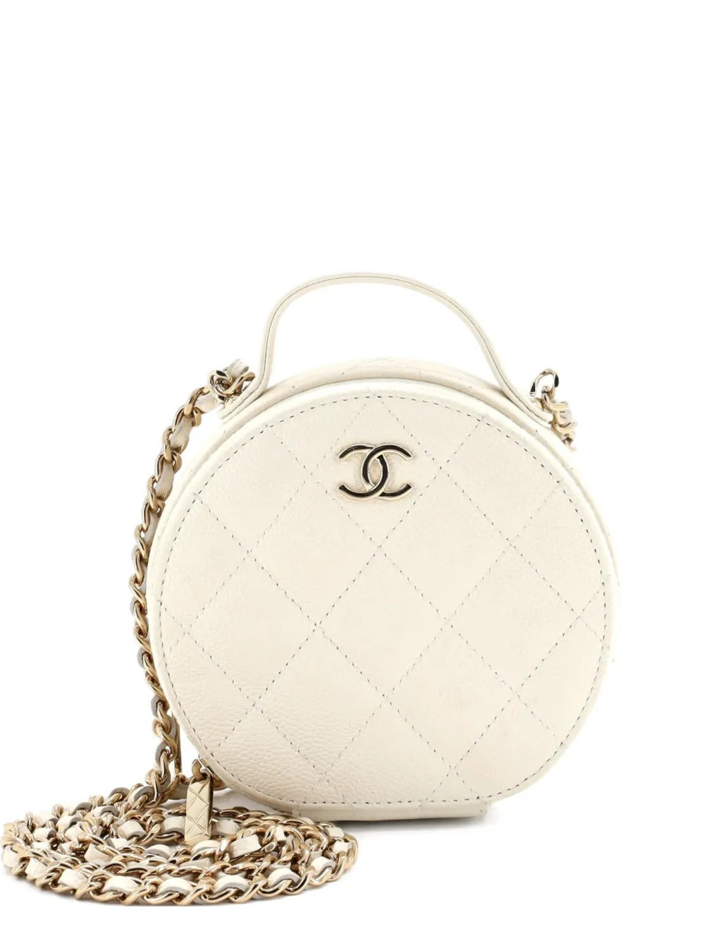 CHANEL Pre-Owned Handle with Care Round Vanity Case with Chain Quilted Caviar Small crossbody bag - White | Farfetch Global