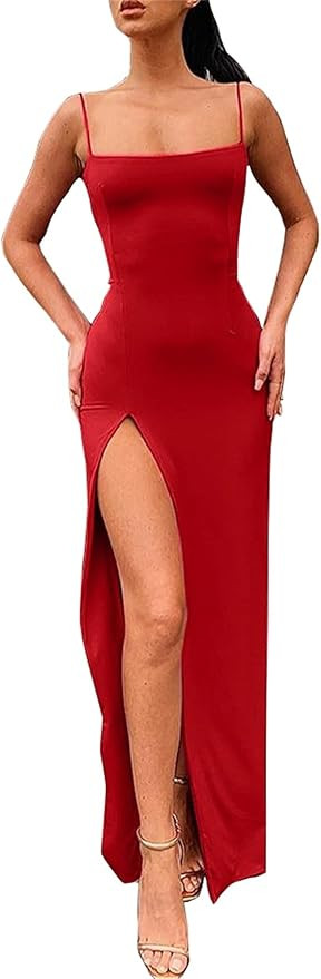 PRIMODA Women's Spaghetti Strap Bodycon Maxi Dress Long Formal Thigh-high Slit Club Wedding Guest... | Amazon (US)