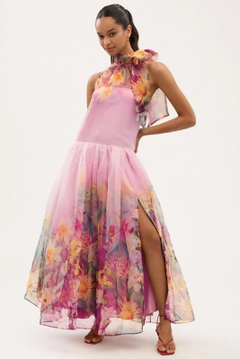 BHLDN Kendall High-Neck Scarf Floral Organza Maxi Dress | Anthropologie (US)