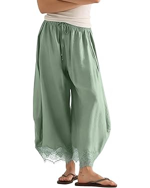 PUWEI Women's Cropped Lace-Hem Pants High Waisted Drawstring Wide Leg Pants Casual Lightweight Tr... | Amazon (US)