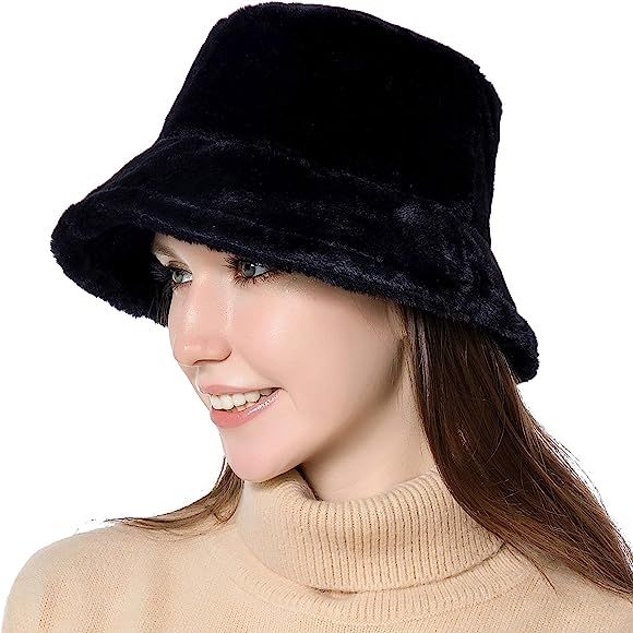 Winter Bucket Hat Women Warm Hats Vintage Faux Fur Fisherman Cap | Amazon (US)