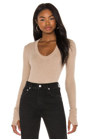 Enza Costa X REVOLVE Cashmere Easy Cuffed U Bodysuit in Khaki from Revolve.com | Revolve Clothing (Global)