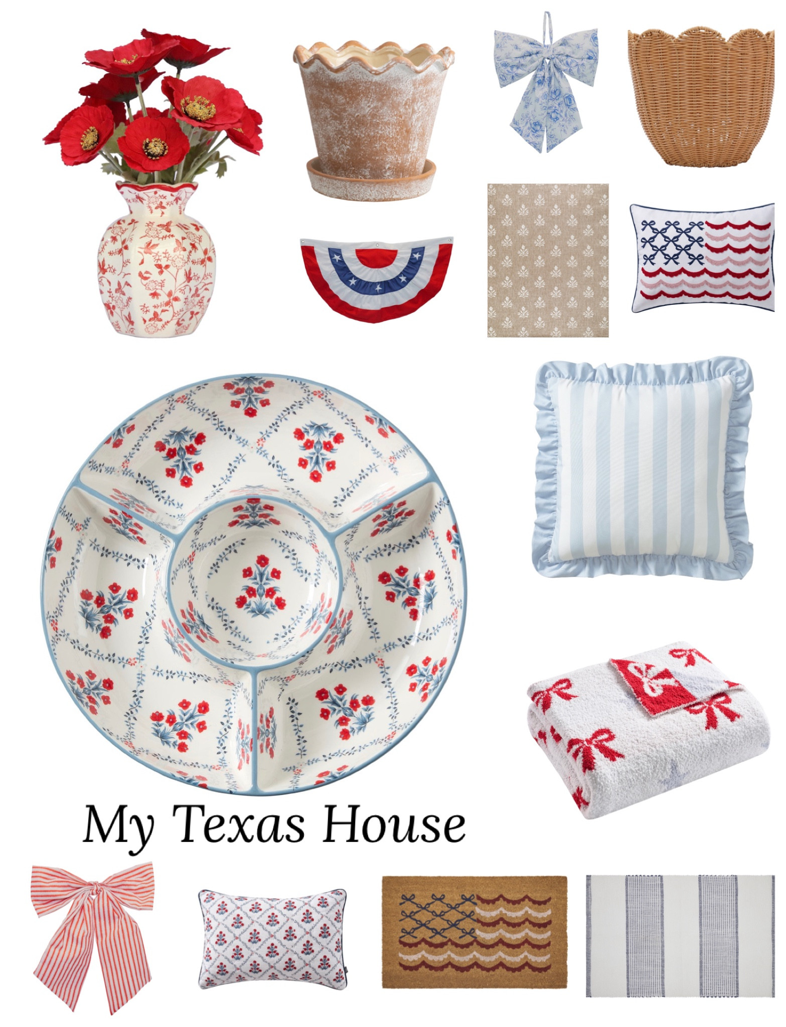 My Texas House patriotic decor already selling out on Walmart 🇺🇸 scalloped serving bowl, wicker tray, bow garland, woven baskets + striped runner
So good for Memorial Day hosting and summer entertaining—natural textures + layered pieces give that high-end look for way less… I wouldn’t wait on these

patriotic decor, Memorial Day decor, summer entertaining, hosting, My Texas House, Walmart home, Walmart decor, wicker decor, scalloped edges, bow decor, woven baskets, table decor, porch decor, red white and blue decor

#LTKfoodie #LTKSeasonal #LTKHome
