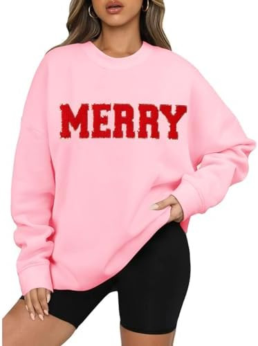 BOUTIKOME Merry Christmas Sweatshirts for Women Glitter Patch Merry Letter Shirts Chenille Patch ... | Amazon (US)