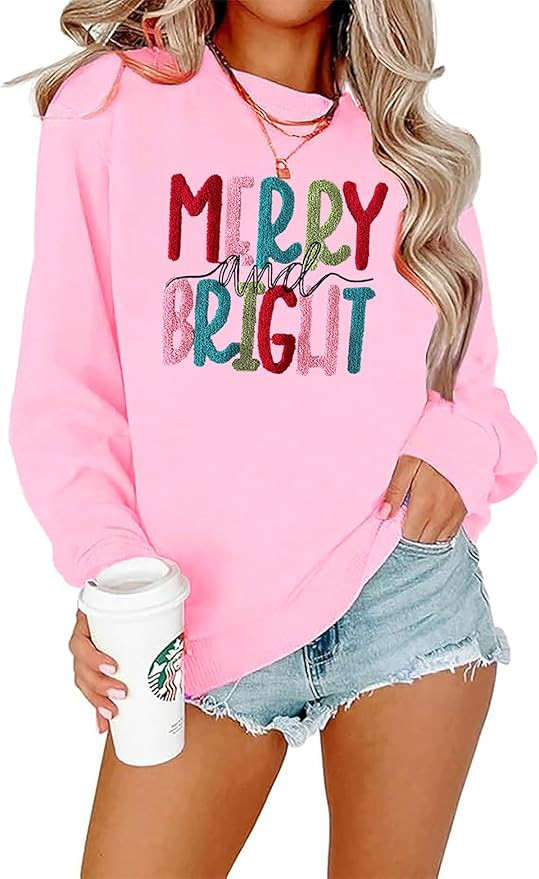 Merry Christmas Sweatshirts Women Merry And Bright Christmas Pullover Top Chenille Patch Letter P... | Amazon (US)