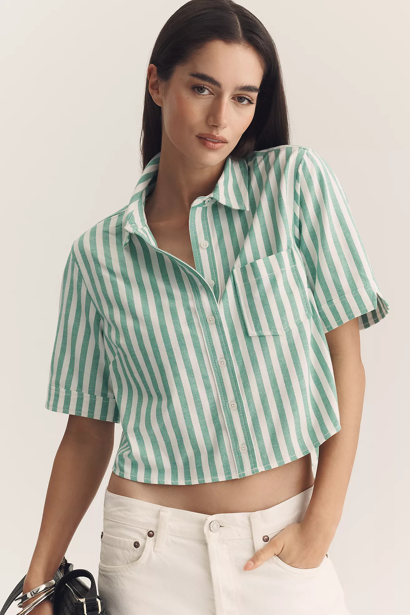 Merritt Short-Sleeve Cropped Buttondown Shirt by Maeve | Anthropologie (US)