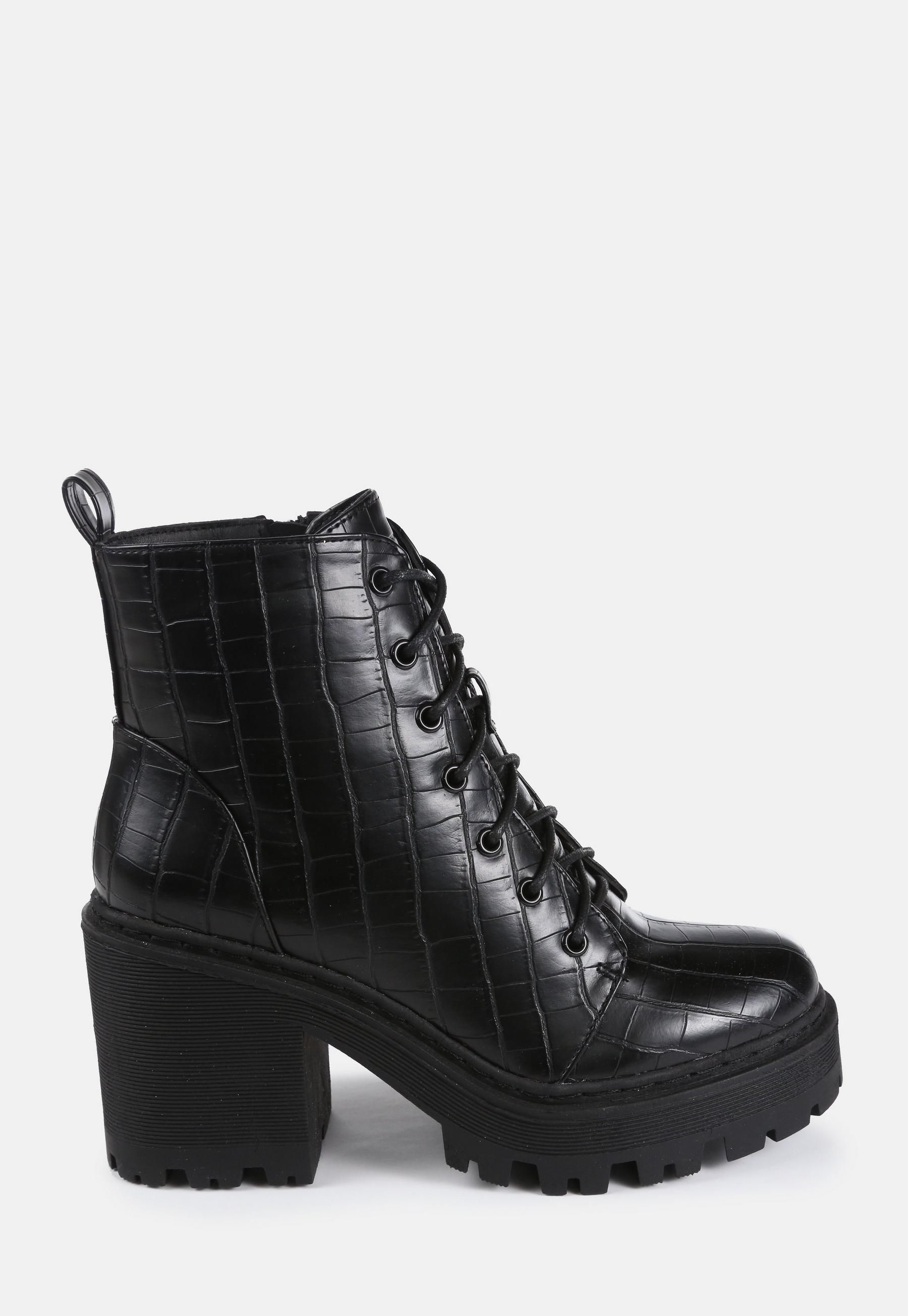 Missguided - Black Croc Cleated Sole Lace Up Ankle Boots | Missguided (US & CA)