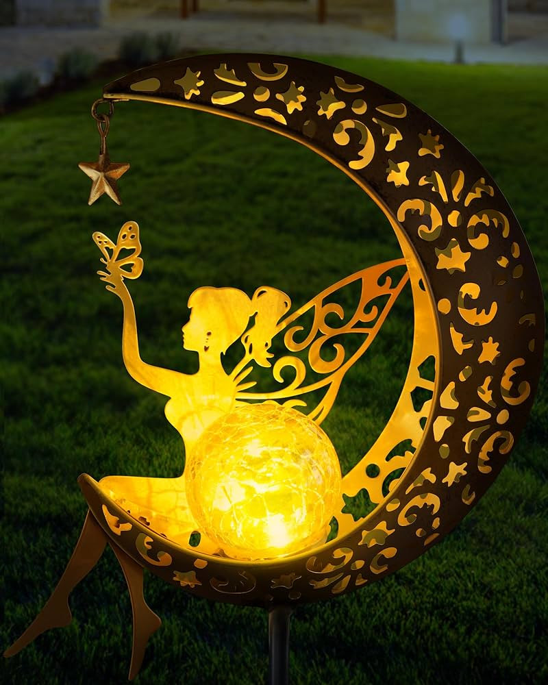 Solar Garden Statues Outdoor Decor, Fairy Moon Figurine Light Stake, Housewarming Ornament for Pa... | Amazon (US)