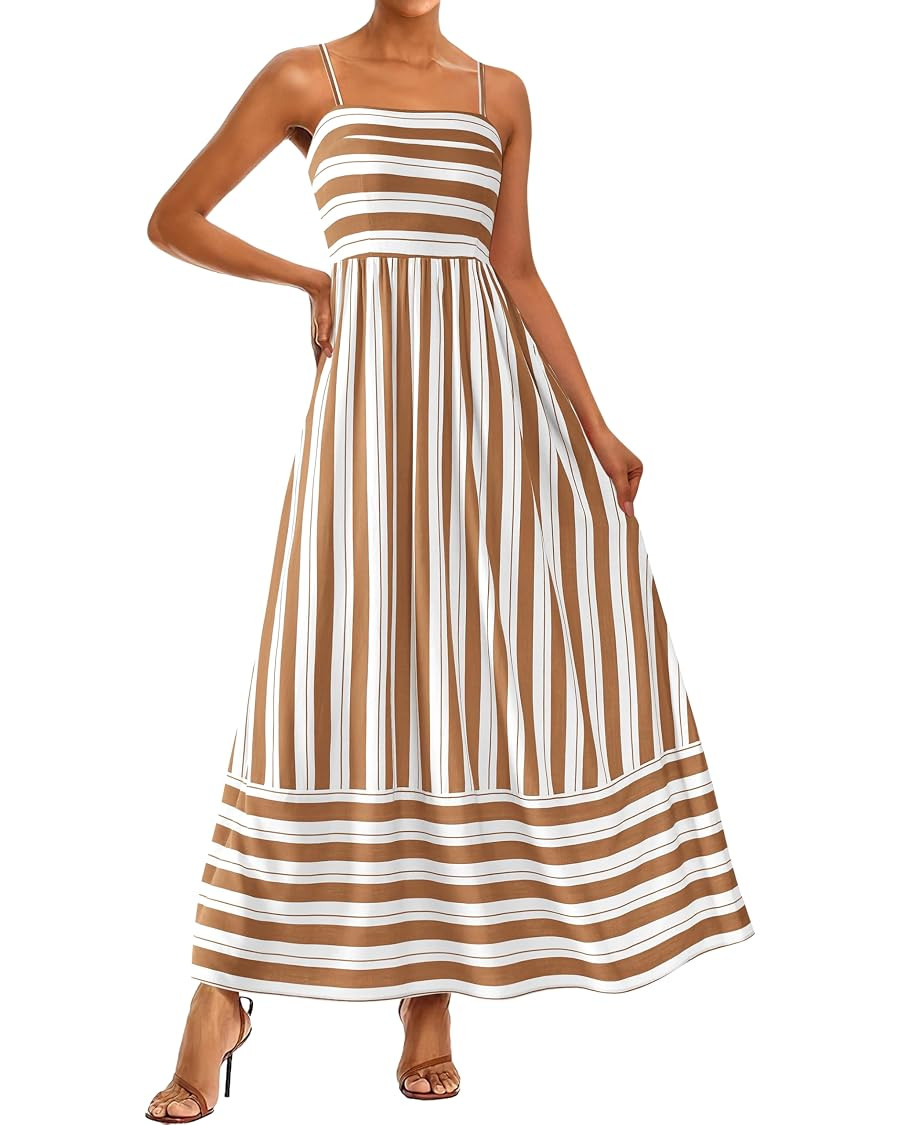 PRETTYGARDEN Women Summer Maxi Dresses 2026 Spaghetti Strap Boho Floral Striped Wedding Guest Bea... | Amazon (US)