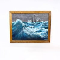 Vintage Ship Painting in Stormy Seas At Night - Nautical Coastal Wall Art, Living Decor, Sailboat Nighttime Voyage A Storm | Etsy (US)