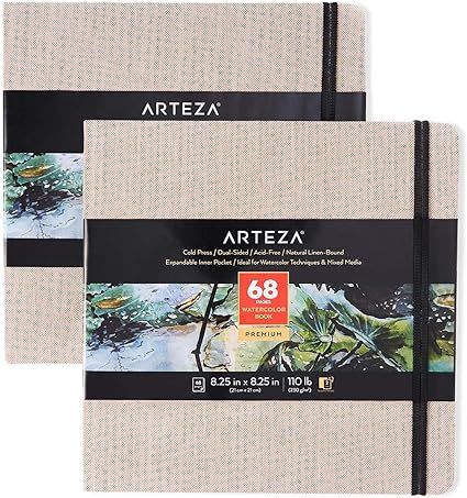 Arteza Watercolor Sketchbooks, 8.25x8.25-inch, 2-Pack, 68 Sheets, Beige Art Journal, Hardcover 11... | Amazon (US)