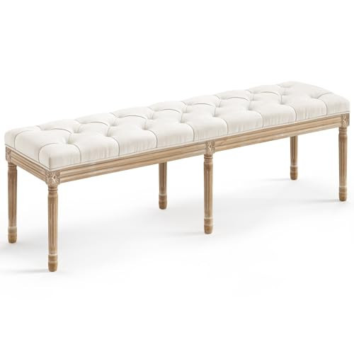 LUE BONA 60" Fabric End of Bed Bench, Upholstered Tufted French Bedroom Bench with Carved Legs for Bedroom End of King Size Bed, Living Room, Beige | Amazon (US)