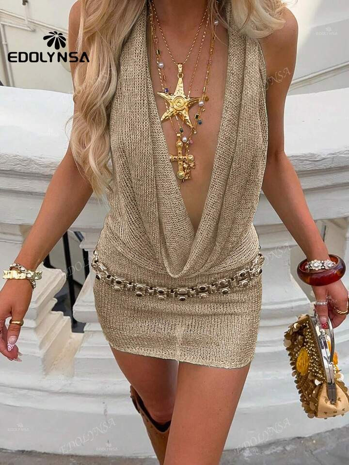 Solid Colour Sexy Stacked V Neck Sleeveless Backless Knit Beach Mini Dress 2025 Women Summer Swimsuit Cover Up Party Outfit | SHEIN