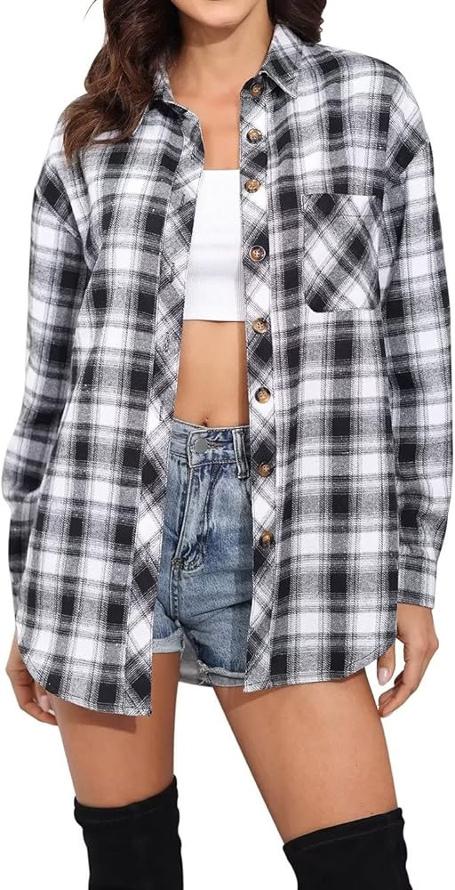 Lacozy Womens Buffalo Plaid Flannel Shirt Long Sleeve Collar Button Down Blouses Tops | Amazon (US)