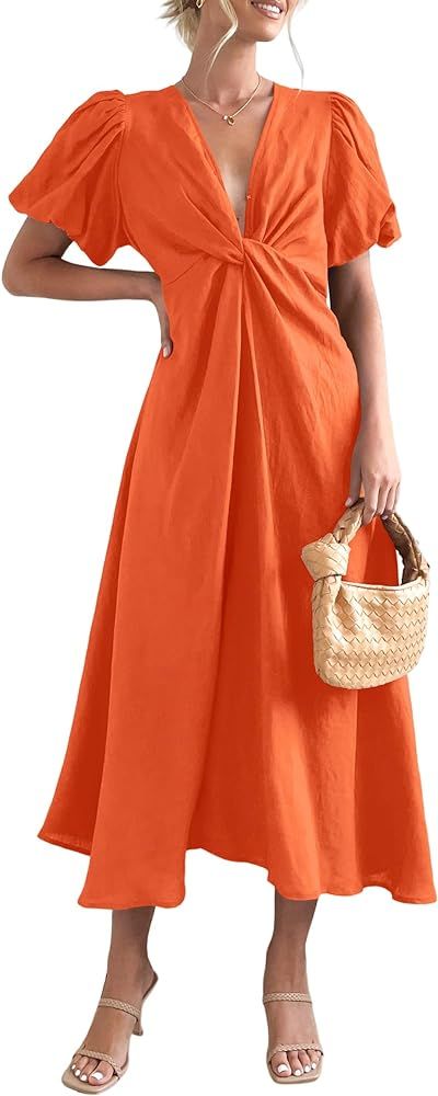 Women's Casual Long Dress V Neck Knot Puff Sleeves Midi Dress Maxi Dresses | Amazon (US)
