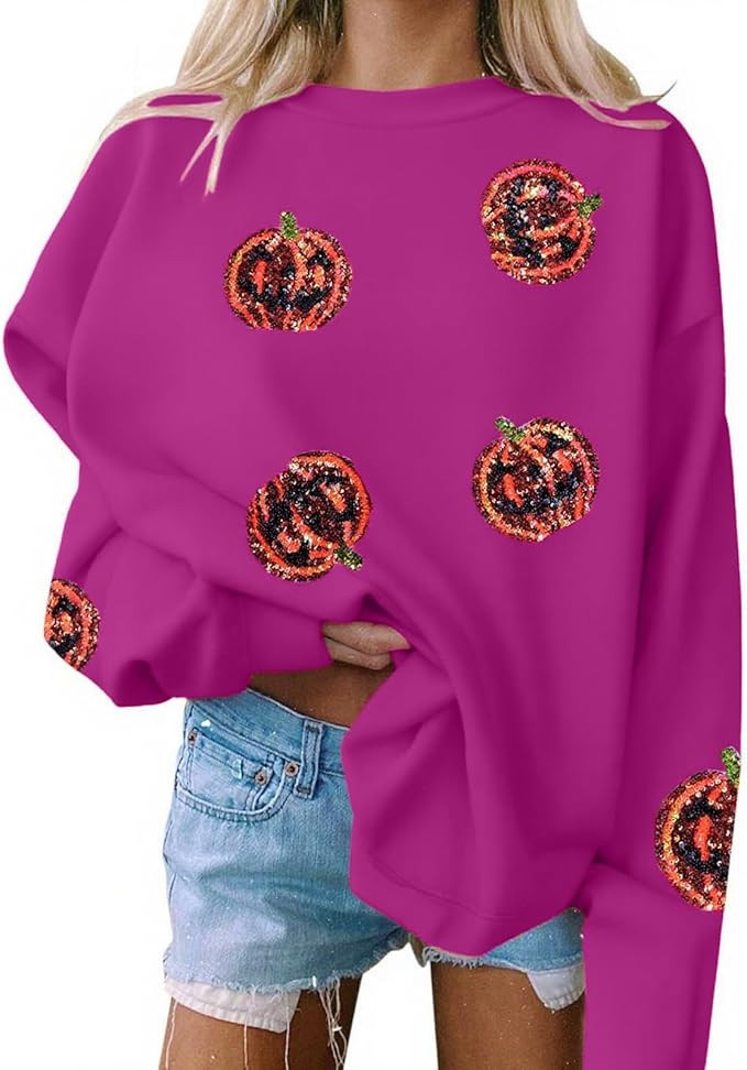 VILOVE Halloween Pumpkin Sequin Sweatshirt Women: Pumpkin Face Long Sleeve Tops Fall Hoodie Party... | Amazon (US)
