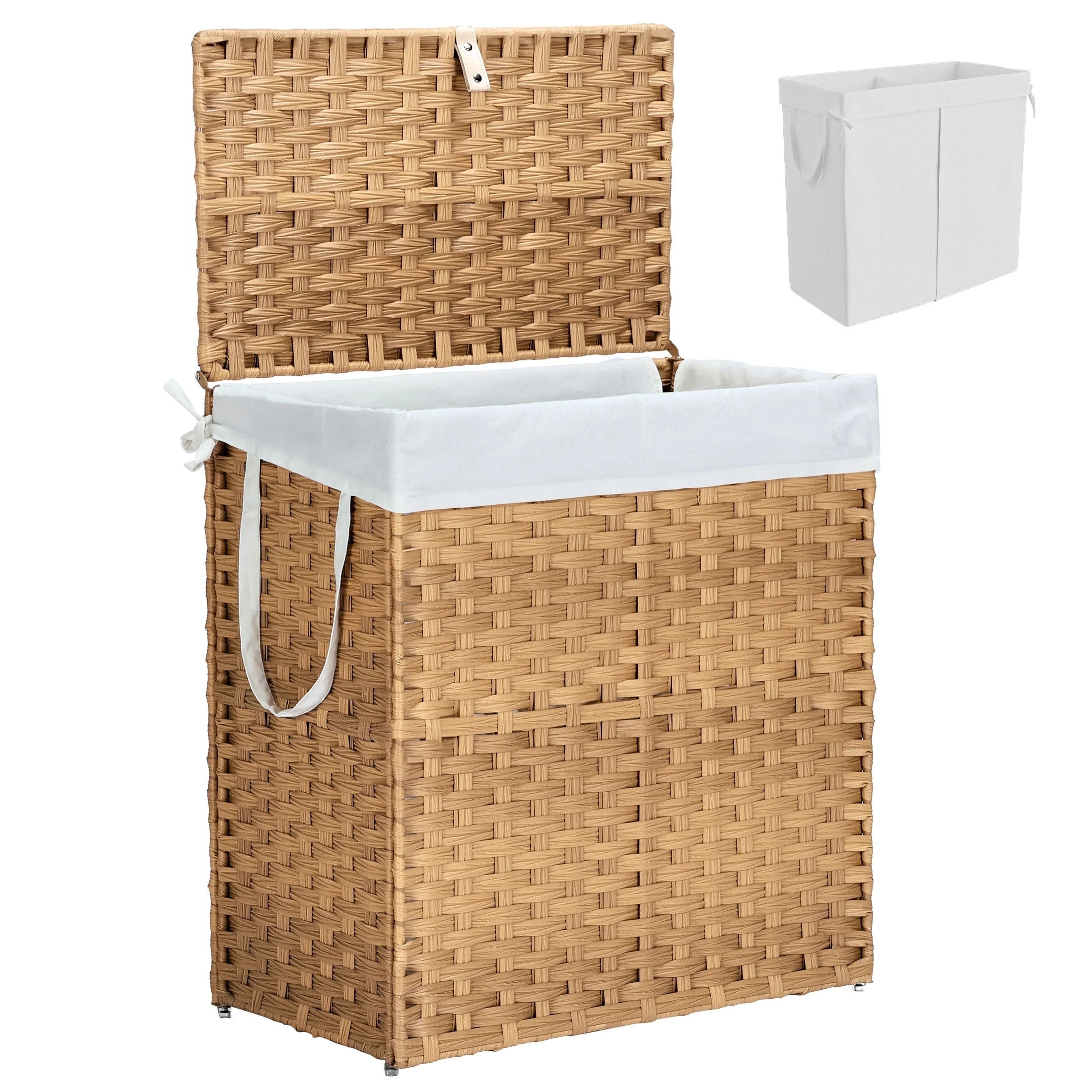 edx Laundry Basket with Lid, 110 L Hand-Woven Pp Rattan Laundry Basket with Compartments & Handle... | Walmart (US)