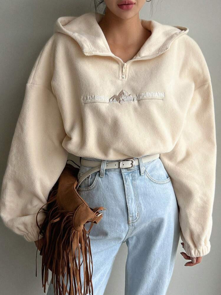 DAZY Letter Embroidery Drop Shoulder Fleece Sweatshirt Hoodie,Fall Women Clothes | SHEIN