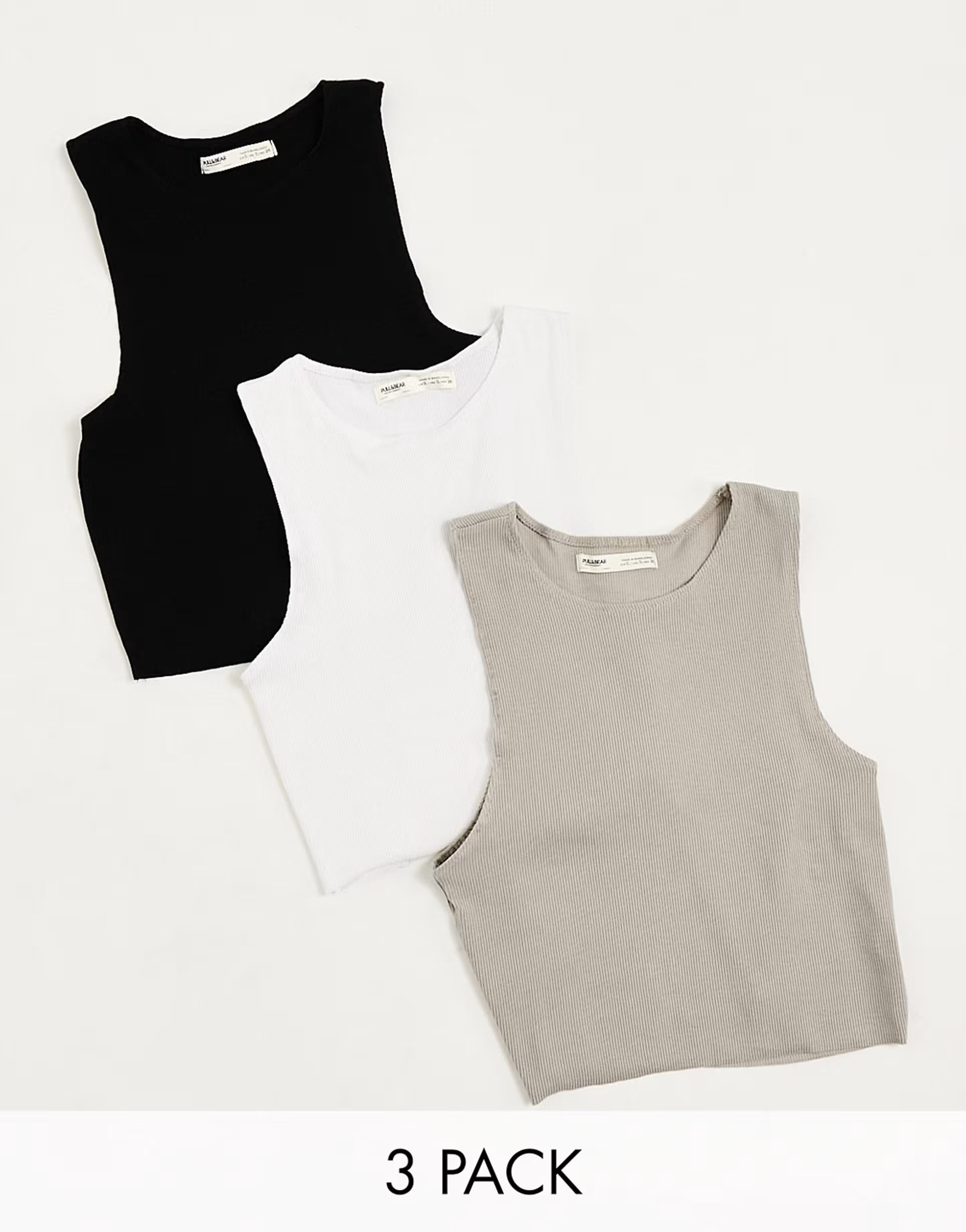 Pull&Bear 3 pack ribbed racer neck cropped top white, black & beige | ASOS (Global)