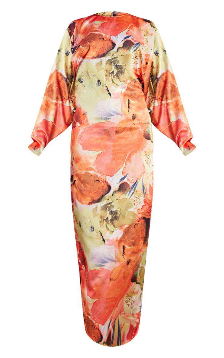 Orange Floral Print Satin Batwing Sleeve Midaxi Dress | Pretty Little Thing (Australia & New Zealand)