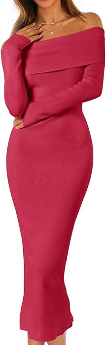 MEROKEETY Women's Fall Off Shoulder Bodycon Sweater Dress Formal Long Sleeve Elegant Cocktail Par... | Amazon (US)