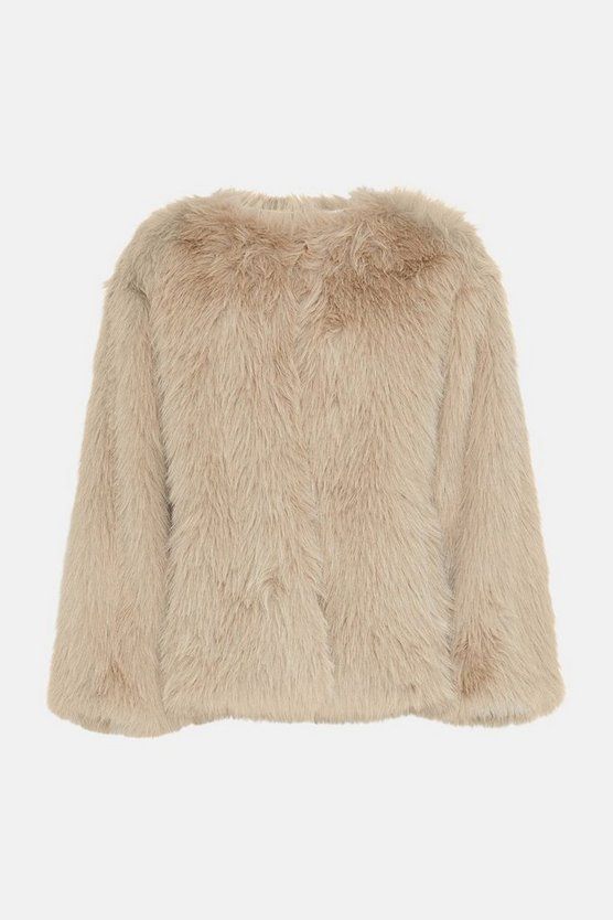 Collarless Faux Fur Jacket | Warehouse UK & IE