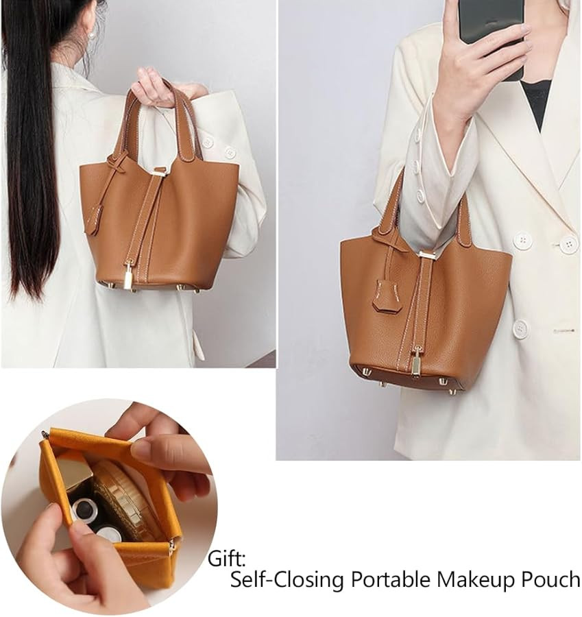 Genuine Leather Lock Design Bucket Bag Vegetable Basket, Fashionable and Versatile Satchel Handba... | Amazon (US)