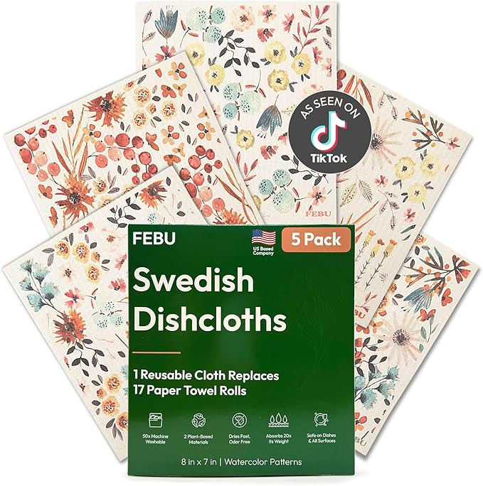 FEBU Swedish Dishcloths for Kitchen | 5 Pack Watercolor Reusable Paper Towels Washable | Swedish ... | Amazon (US)