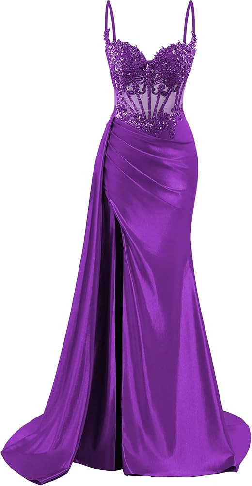 Spaghetti Straps Satin Prom Dresses Long Lace Appliques Formal Party Dress VS126 | Amazon (US)