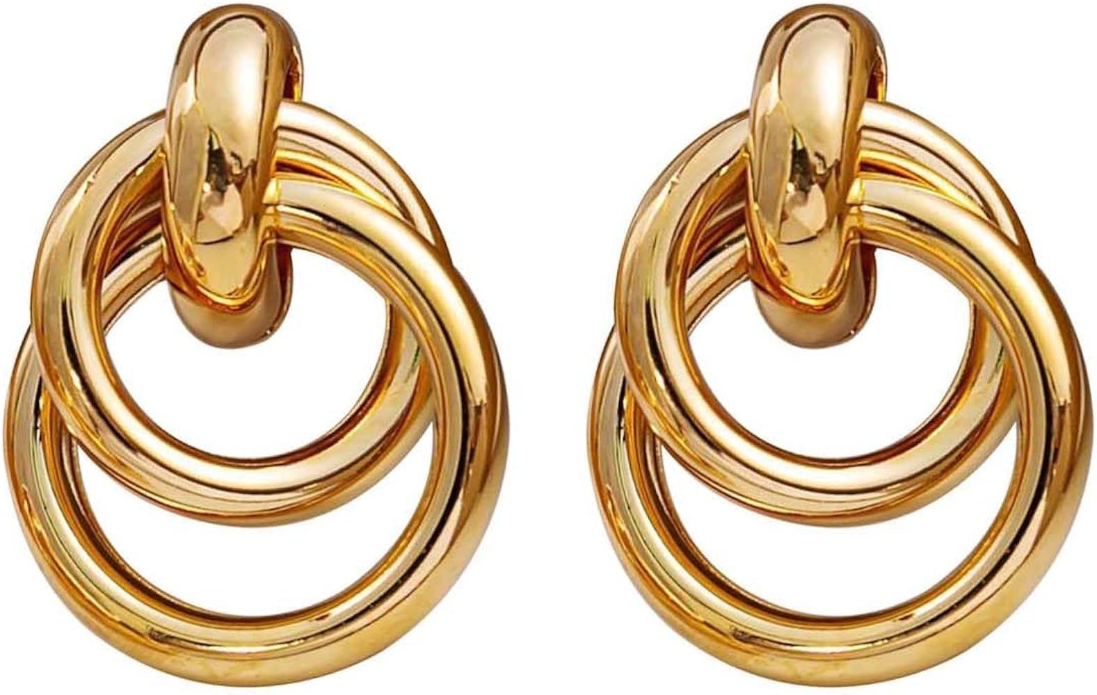 14K Chunky Gold Earrings Gold Geometric Drop Dangle Earrings for Women Large Hoop Gold Statement ... | Amazon (US)