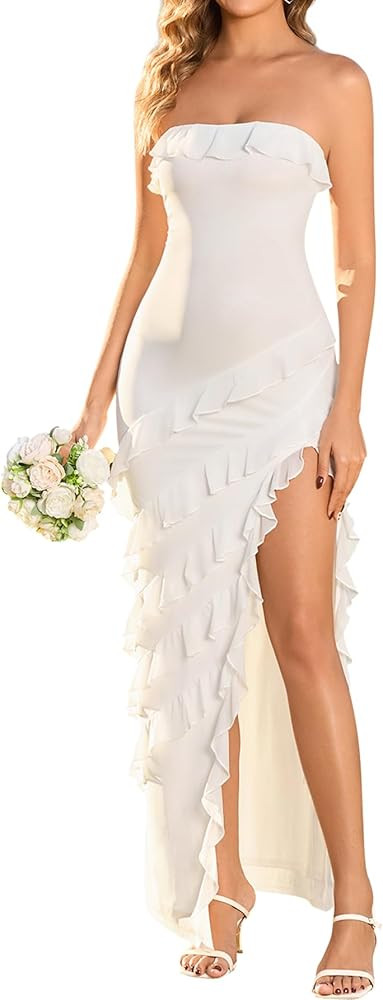 EYNMIN Summer Wedding Guest Dresses for Women 2026 Strapless Tube Ruffle Slit Mesh Bodycon Maxi L... | Amazon (US)