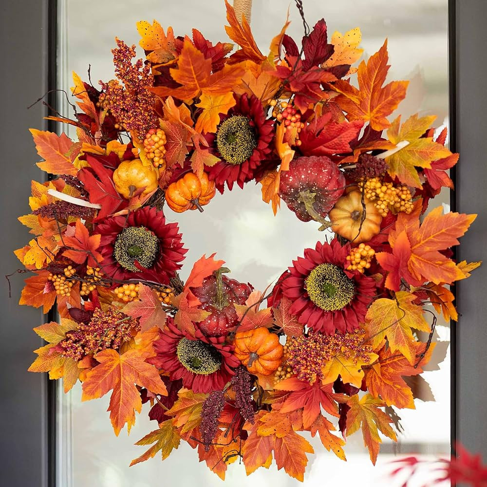 Fall Wreath for Front Door, Autumn Maple Leaves Wreaths for Home Porch Decor, Farmhouse Pumpkin W... | Amazon (US)