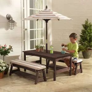 Outdoor Table & Bench Set with Cushions & Umbrella - Oatmeal & White Stripes | KidKraft