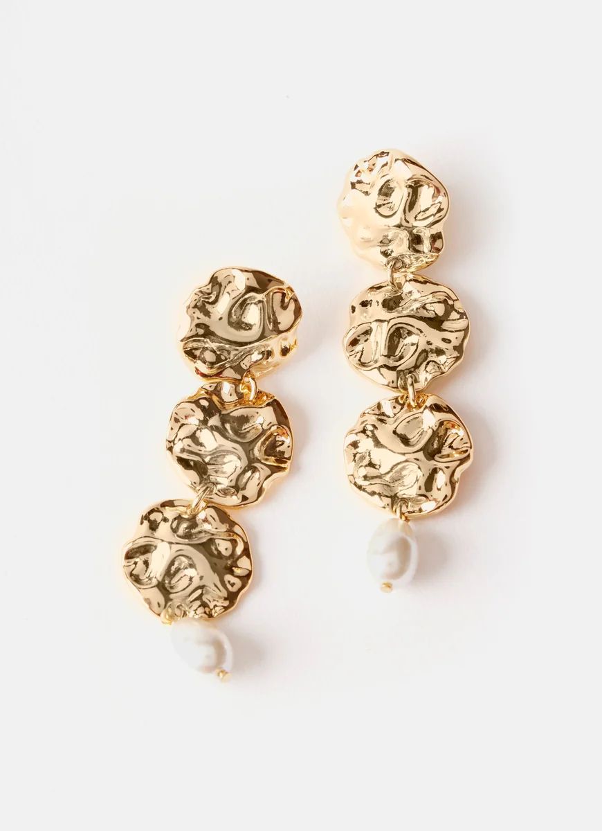 Gold Tone Hammered Disc Pearl Earrings | Mint Velvet