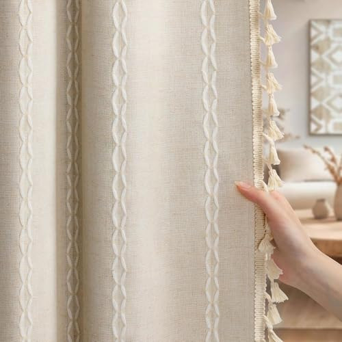 XOGUIBO Boho Blackout Curtains 2 Panels 84 Inch for Living Room Bedroom, Beige Linen Texture Farmhouse Curtains with Tassels and Cotton Embroidery Vintage Rustic Western Rod Pocket | Amazon (US)
