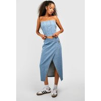 boohoo Women's Asymmetric Wrap Midaxi Denim Skirt in Mid Wash | Size: 2 | Denim/Down | boohoo (US & Canada)