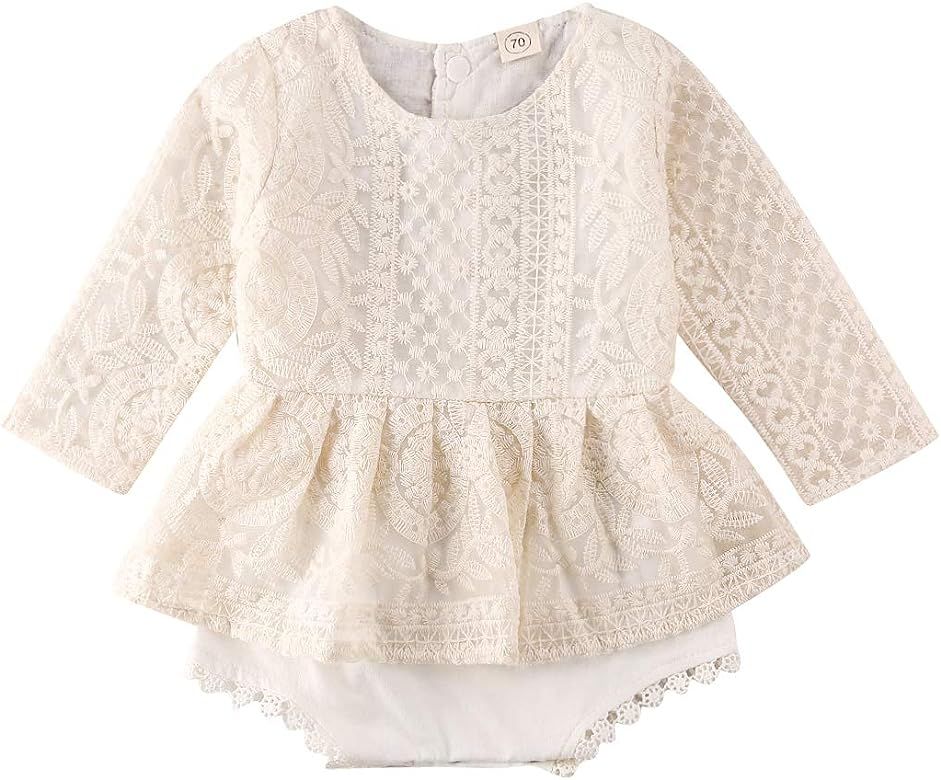 Newborn Baby Girl Rompers Lace Flutter Sleeve Bowknot Jumpsuit Bodysuit Princess Clothes | Amazon (US)