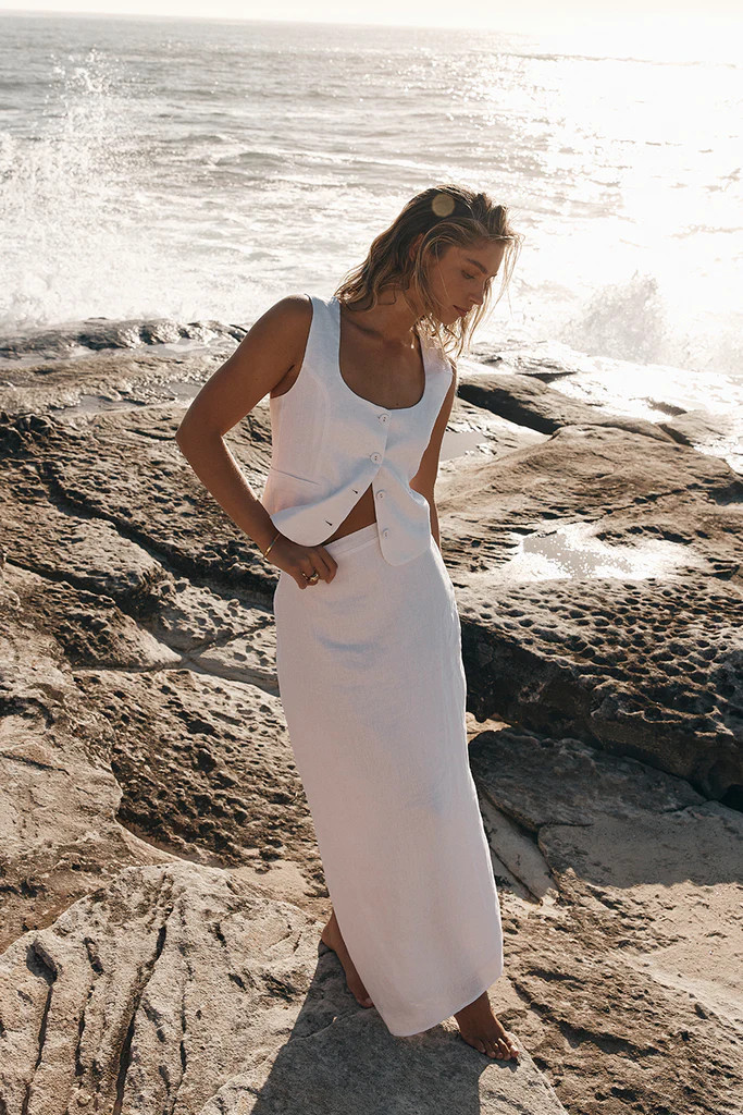 ROBERTS WHITE LINEN MIDI SKIRT | DISSH