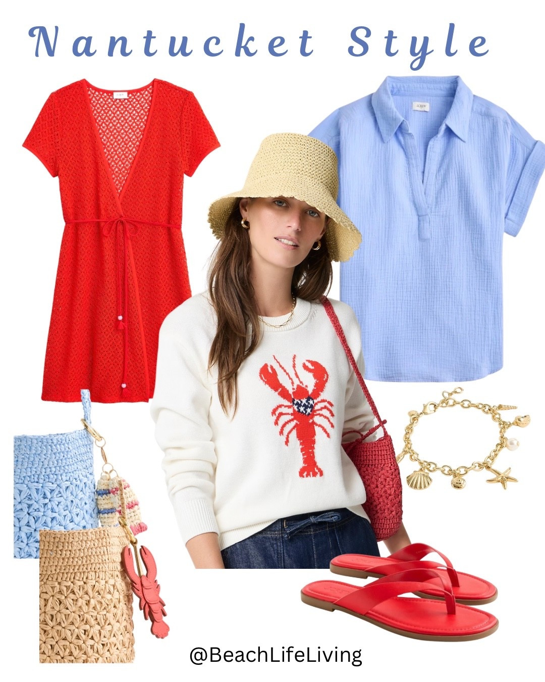 Nantucket Style Women’s Clothing 
Lobster Sweater, Red crochet coverup, 
Straw purses with lobster charm, Red sandals, light blue  gauze shirt

#LTKmomlife #LTKActive #LTKselfcare