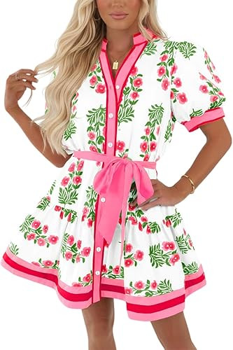 Wenrine Womens Summer Floral Mini Dress Puff Short Sleeve V Neck Button Down Casual Loose Boho Be... | Amazon (US)