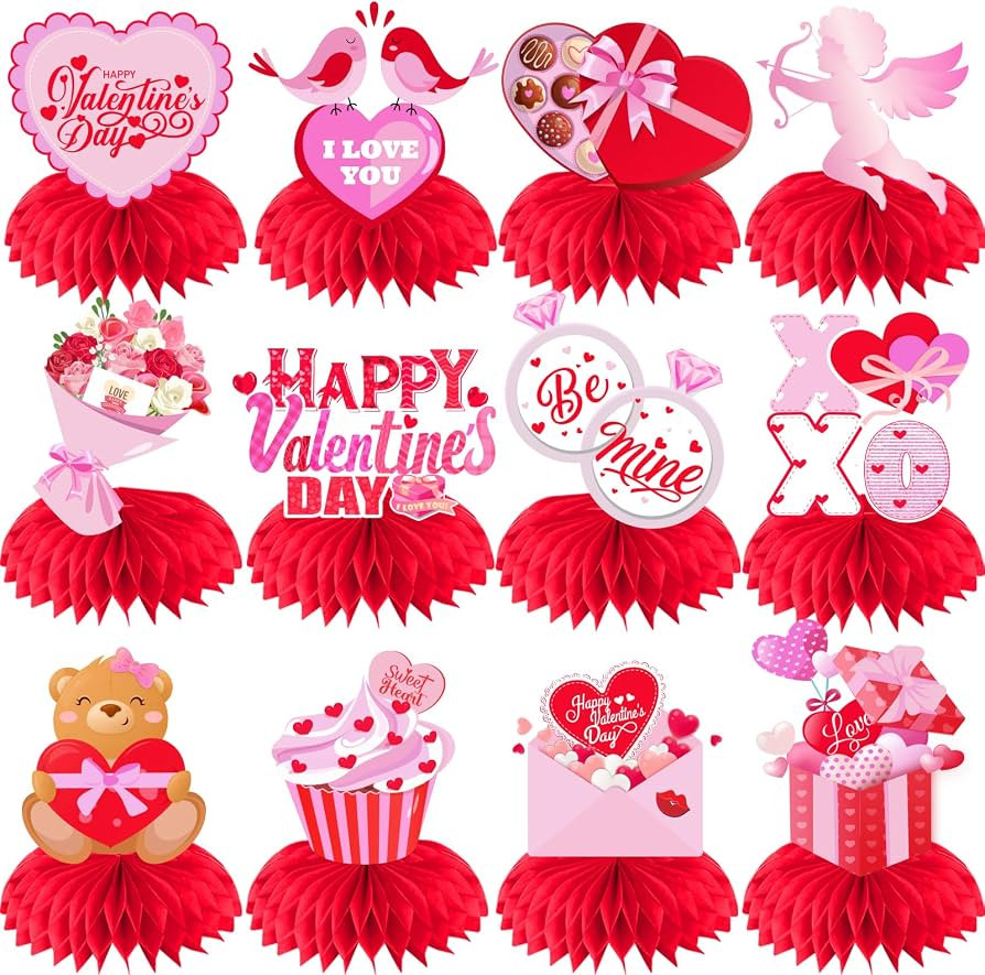 12Pcs Valentines Day Decorations Honeycomb Centerpieces, Pink Heart Cupid Valentines Centerpieces... | Amazon (US)