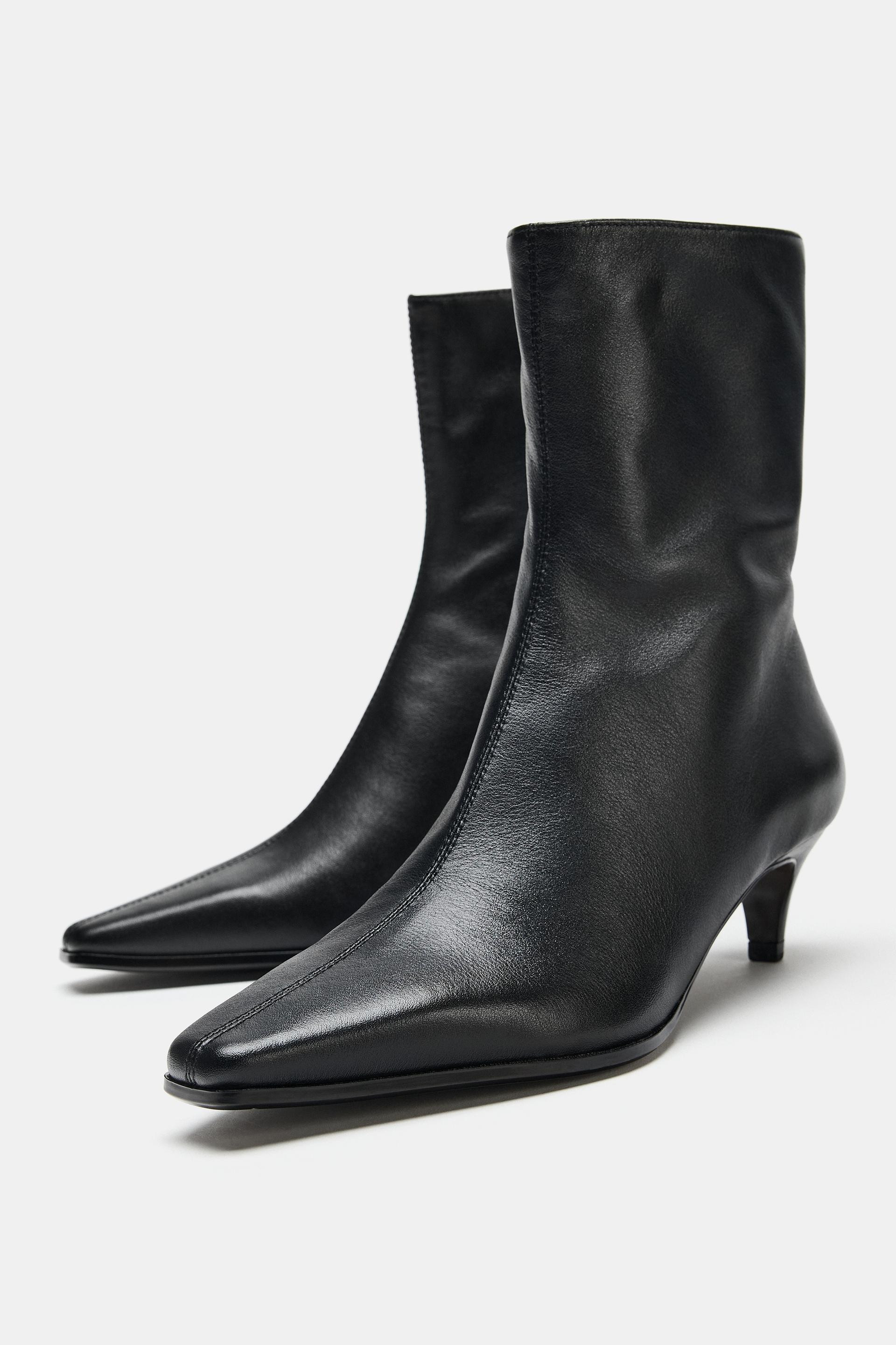 Zara - Leather Kitten Ankle Boots - Black - 5 - Woman | Zara US