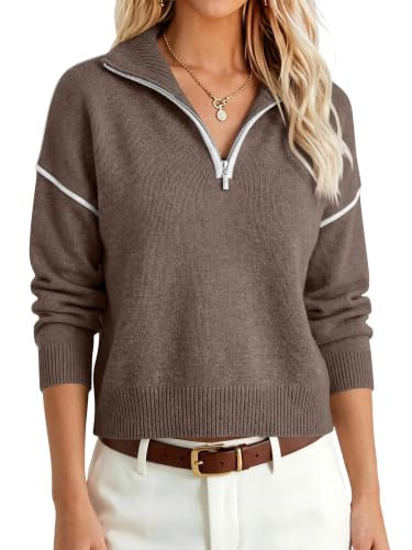 ANRABESS Women's Quarter Zip Collared Fall Cropped Sweaters,Coffee,L | Amazon (US)