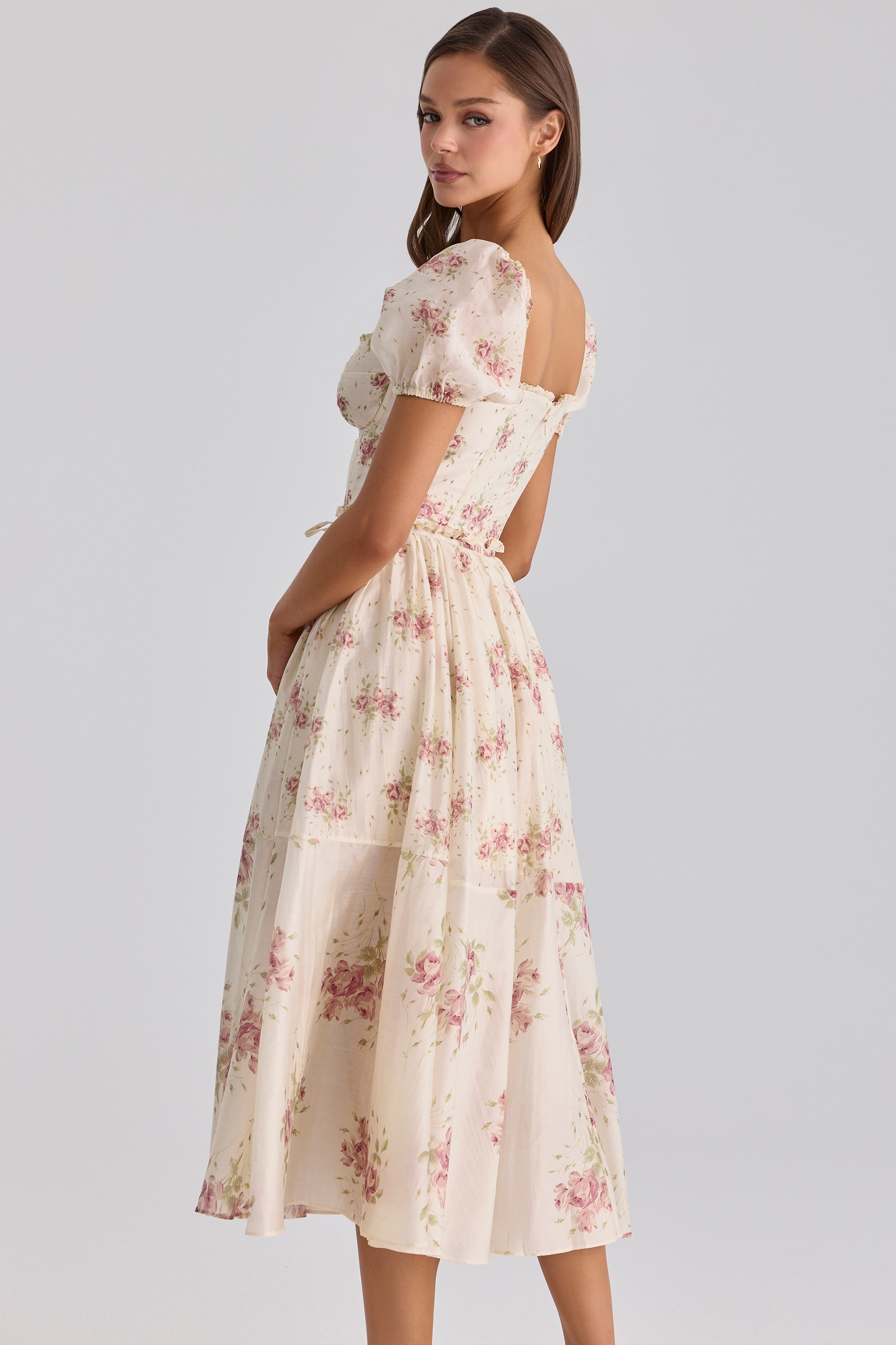 ivory vintage rose print chiffon midi dress | House of CB
