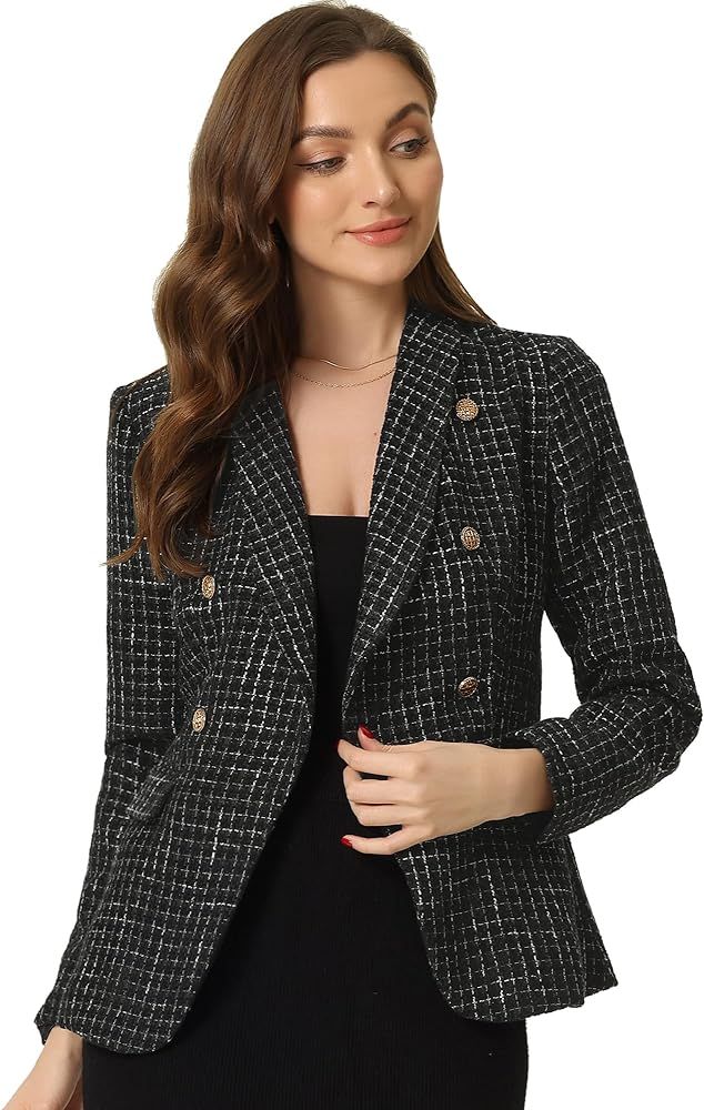 Allegra K Tweed Blazer for Women's Notch Lapels Double Breasted Plaid Jacket Work Office Blazer | Amazon (US)