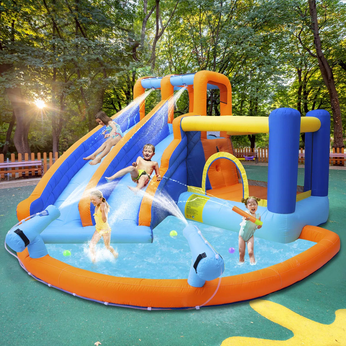 6 In 1 Double Slides Bounce House with Trampoline and Water Pool | Wayfair North America